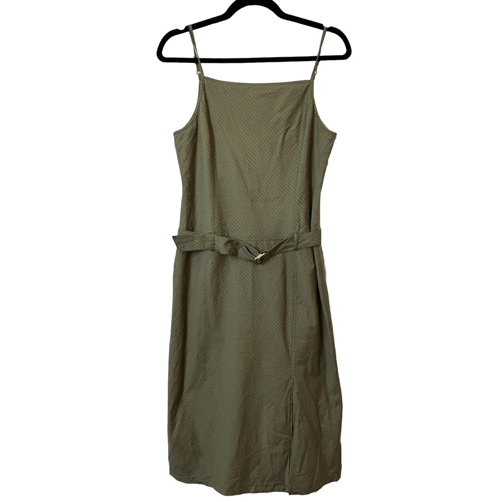 Mattine Paris Womens Olive Green Pinstripe Belted Midi Dress Square Neck Size 3